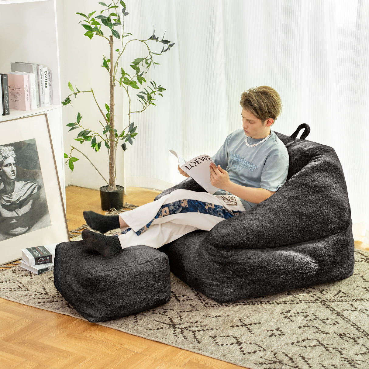 Beanbag chair with filler, beanbag sofa with tufted soft filler with memory foam, black - Julia M LifeStyles