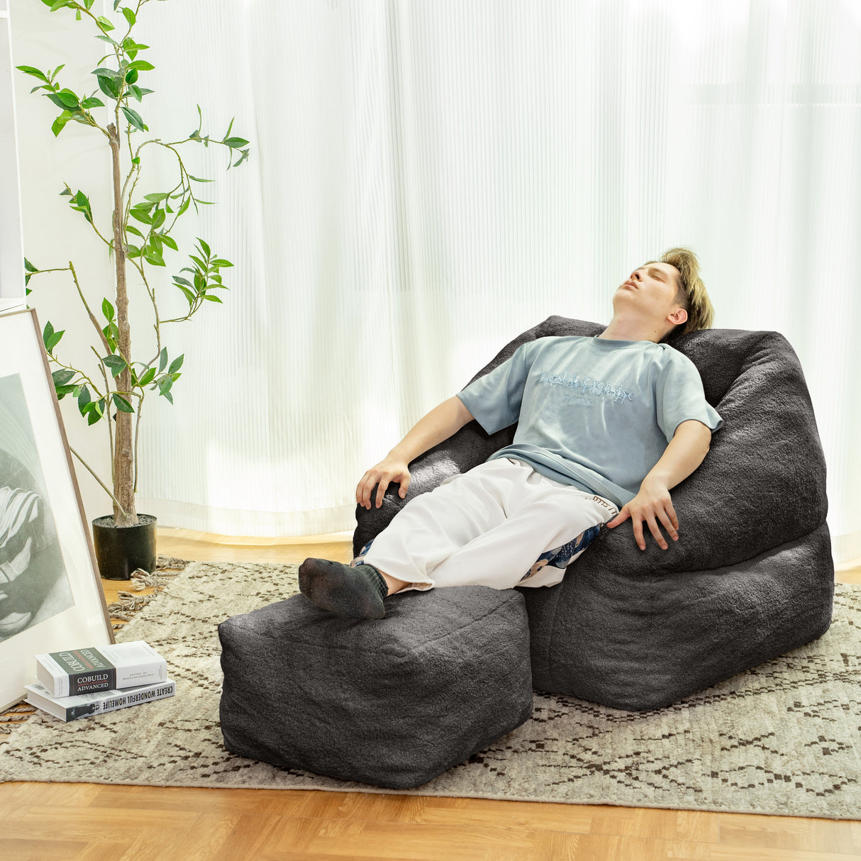 Beanbag chair with filler, beanbag sofa with tufted soft filler with memory foam, black - Julia M LifeStyles
