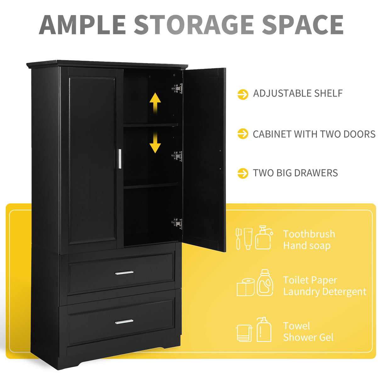 Tall Bathroom Storage Cabinet, Cabinet with Two Doors and Drawers, Adjustable Shelf, MDF Board, Black - Julia M LifeStyles