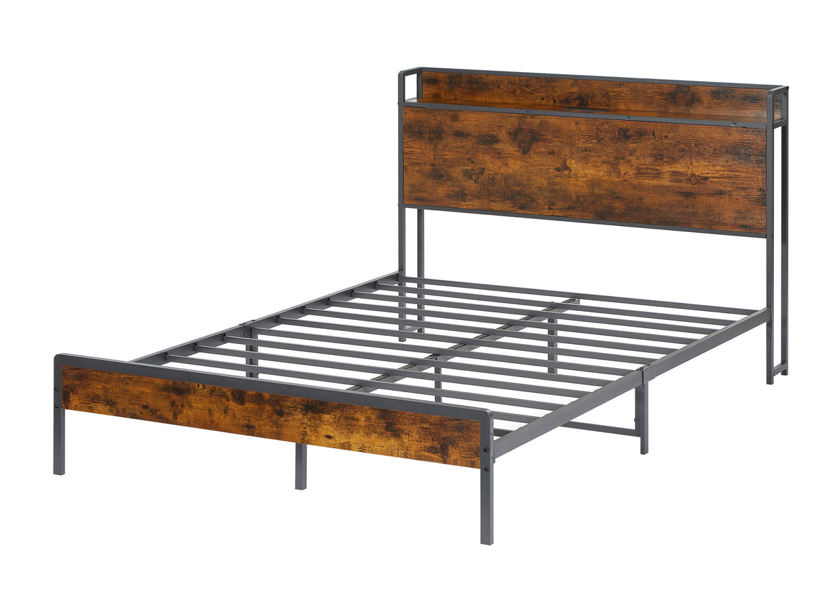 Bed frame with charging station full size, Rustic Brown, 83.1'' L x 56.1'' W x 39'' H eprolo