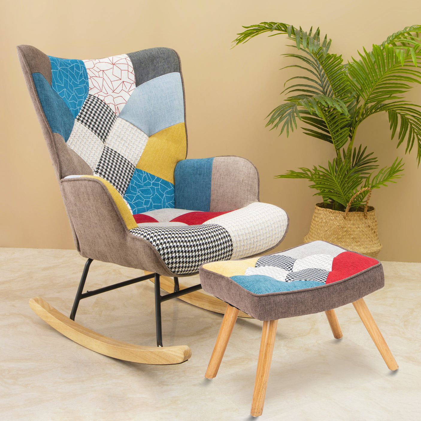 Rocking Chair with ottoman, Mid Century Fabric Rocker Chair with Wood Legs and Patchwork Linen for Livingroom Bedroom - Julia M LifeStyles