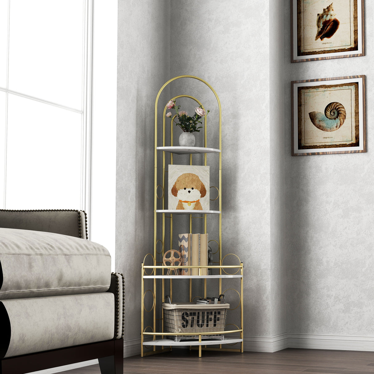 Gold 4-Tier Corner Bookshelf, Modern Style, Plant Stand with Metal Frame - Julia M LifeStyles