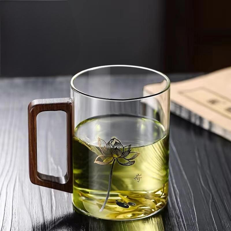 High end green tea cup with walnut handle and lid. High temperature resistant glass office drinking cup Julia M Home & Kitchen