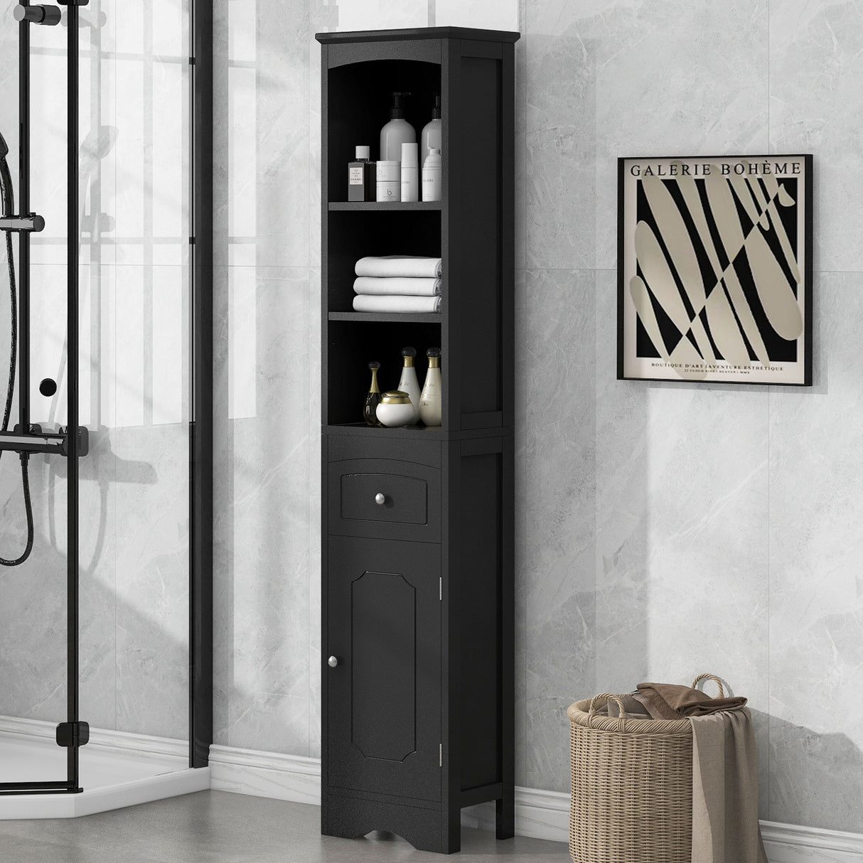 Tall Bathroom Cabinet, Freestanding Storage Cabinet with Drawer, MDF Board, Adjustable Shelf, Black - Julia M LifeStyles