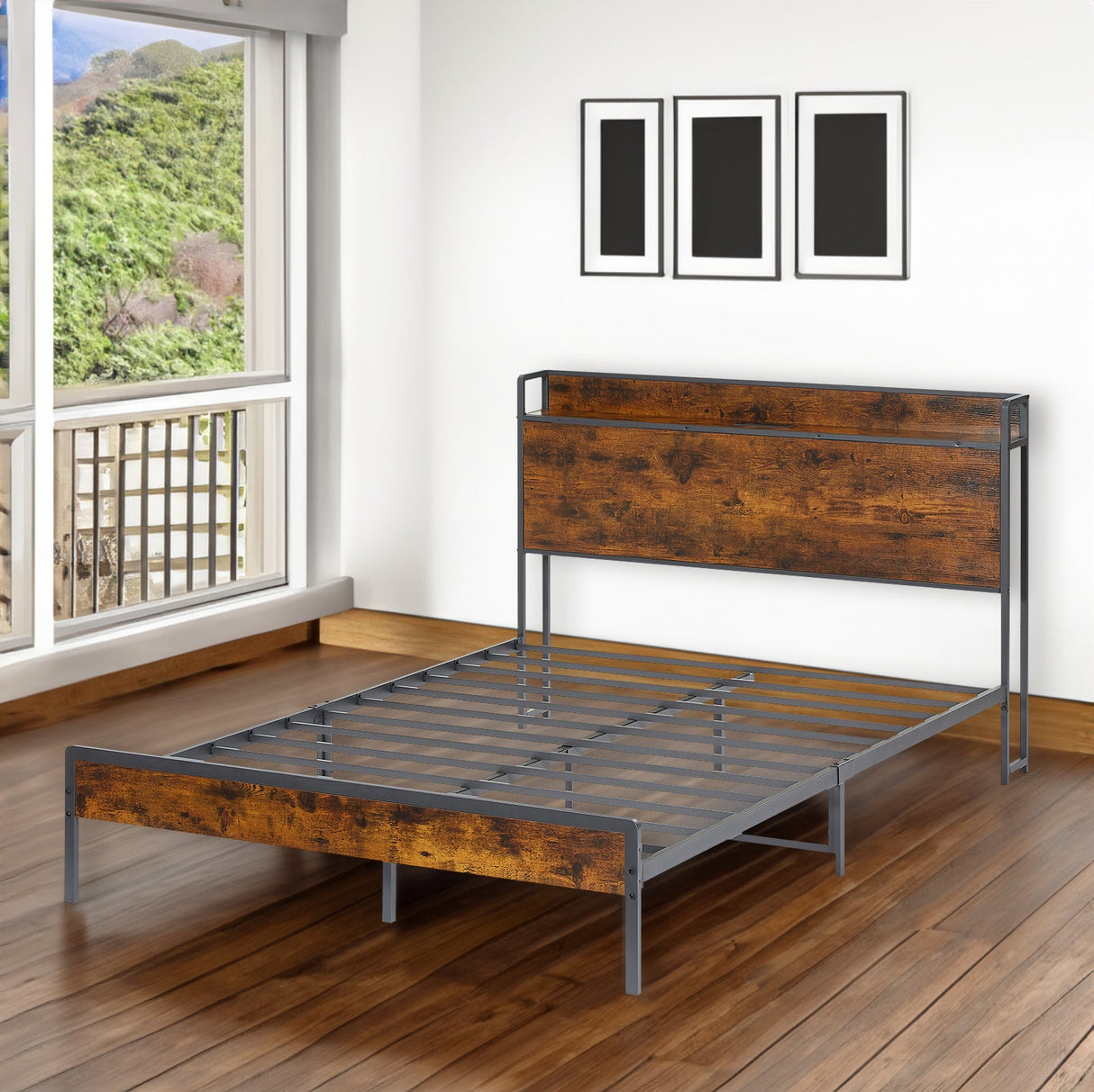 Bed frame with charging station full size, Rustic Brown, 83.1'' L x 56.1'' W x 39'' H eprolo