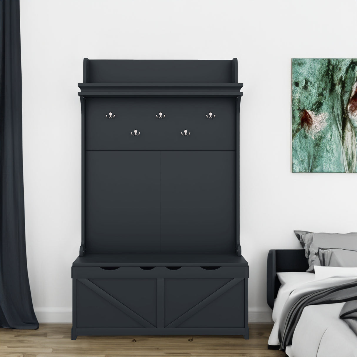 Hall tree with storage desk, entrance desk with drawers and 5 hooks, display rack, dark blue - Julia M LifeStyles