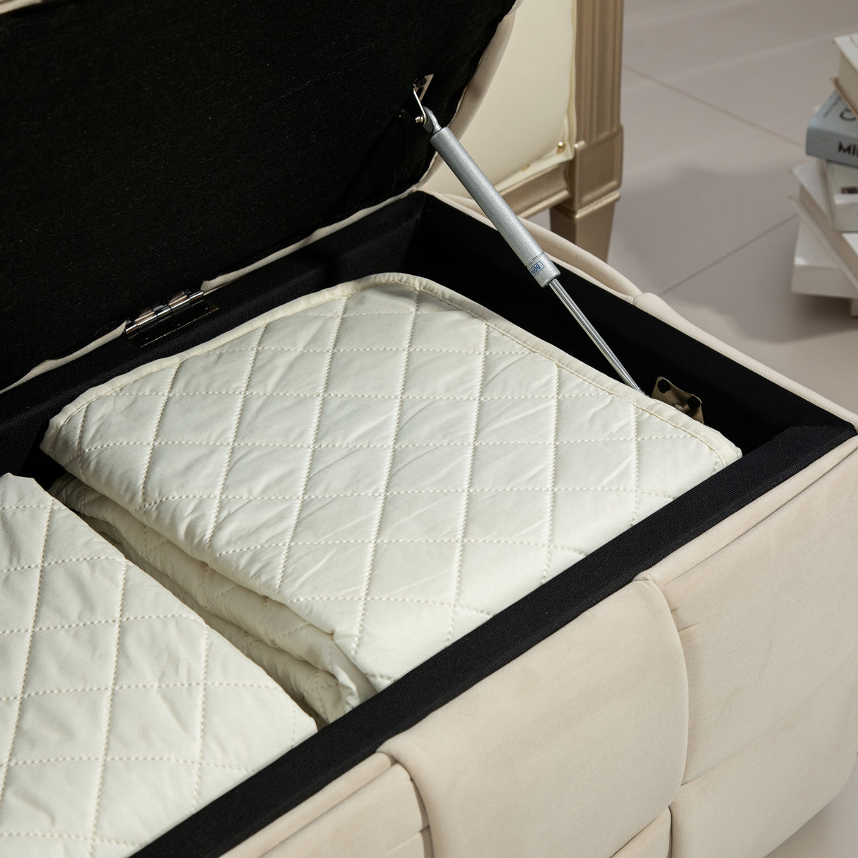 storage Ottoman chair, bedroom end stool, cushioned fabric entrance cushioned footstool with safety hinge (beige) - Julia M LifeStyles