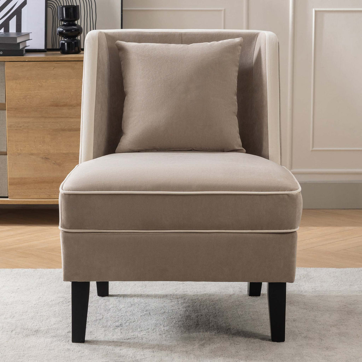 Velvet Upholstered Accent Chair with Cream Piping, Tan and Cream - Julia M LifeStyles