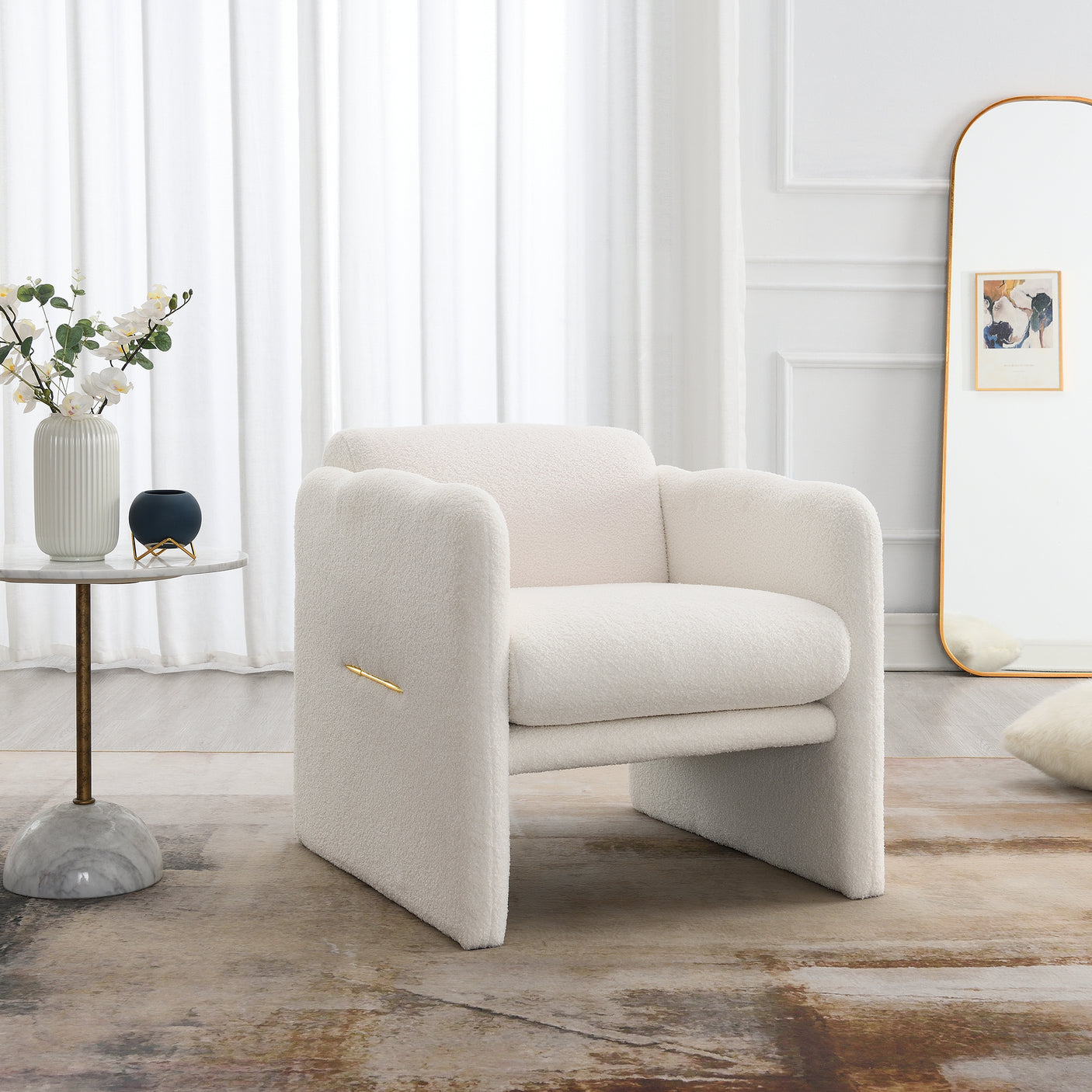 Armchair with wavy armrests, metal decorations on both sides of the armrests, made of Teddy cloth, white - Julia M LifeStyles