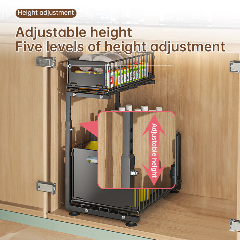 Luxury 2-Tier Adjustable Pull-Out Cabinet Organizer – Premium Carbon Steel Storage Solution
