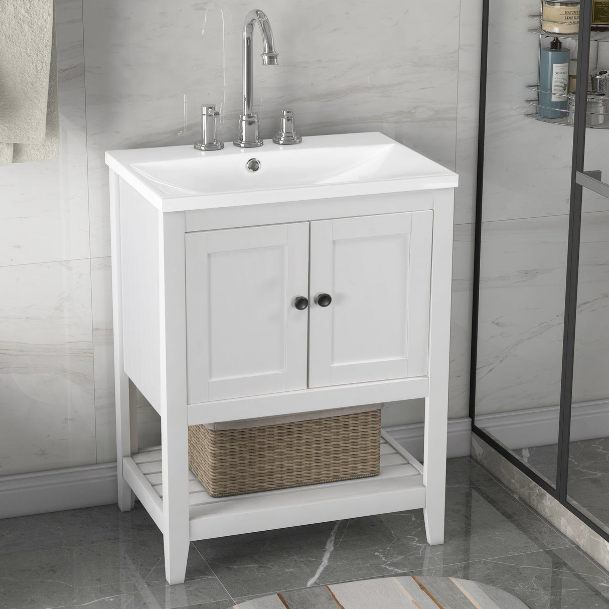 24" White Modern Sleek Bathroom Vanity Elegant Ceramic Sink with Solid Wood Frame Open Style Shelf Julia M Home & Kitchen