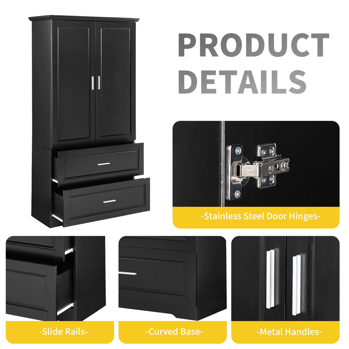 Tall Bathroom Storage Cabinet, Cabinet with Two Doors and Drawers, Adjustable Shelf, MDF Board, Black - Julia M LifeStyles