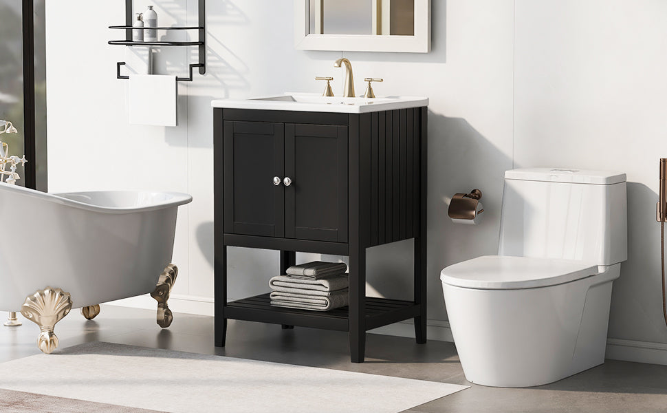 24" Black Modern Sleek Bathroom Vanity Elegant Ceramic Sink with Solid Wood Frame Open Style Shelf - Julia M LifeStyles