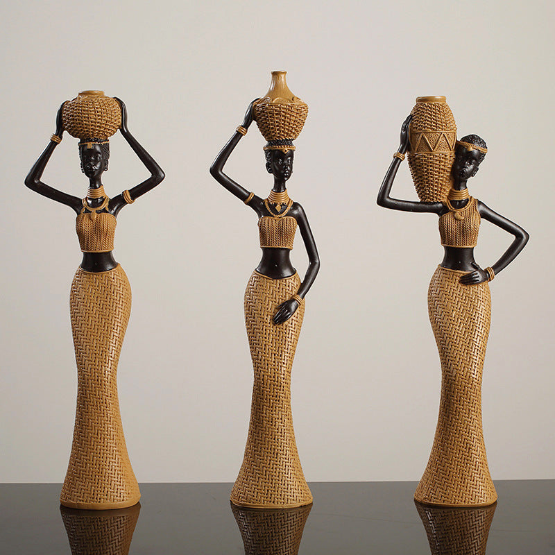 Elegant Golden Resin African Girls' Ethnic Home Sculptures
