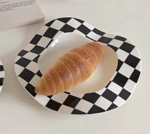 Nordic Ceramic Plate Dot Stripe Irregular Wave Shape Ceramic Dessert Plate Pasta Plate Dinner Plates Ceramic Dish Plates Julia M Home & Kitchen