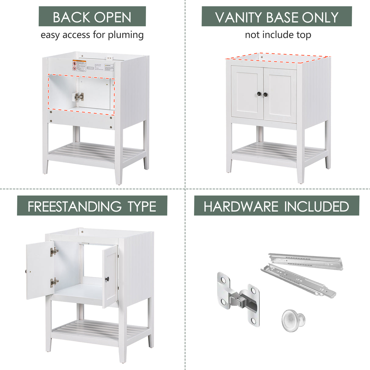 24" Bathroom Vanity Base Only, Soild Wood Frame, Bathroom Storage Cabinet with Doors and Open Shelf, White - Julia M LifeStyles