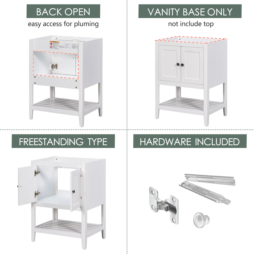 24" Bathroom Vanity Base Only, Soild Wood Frame, Bathroom Storage Cabinet with Doors and Open Shelf, White - Julia M LifeStyles