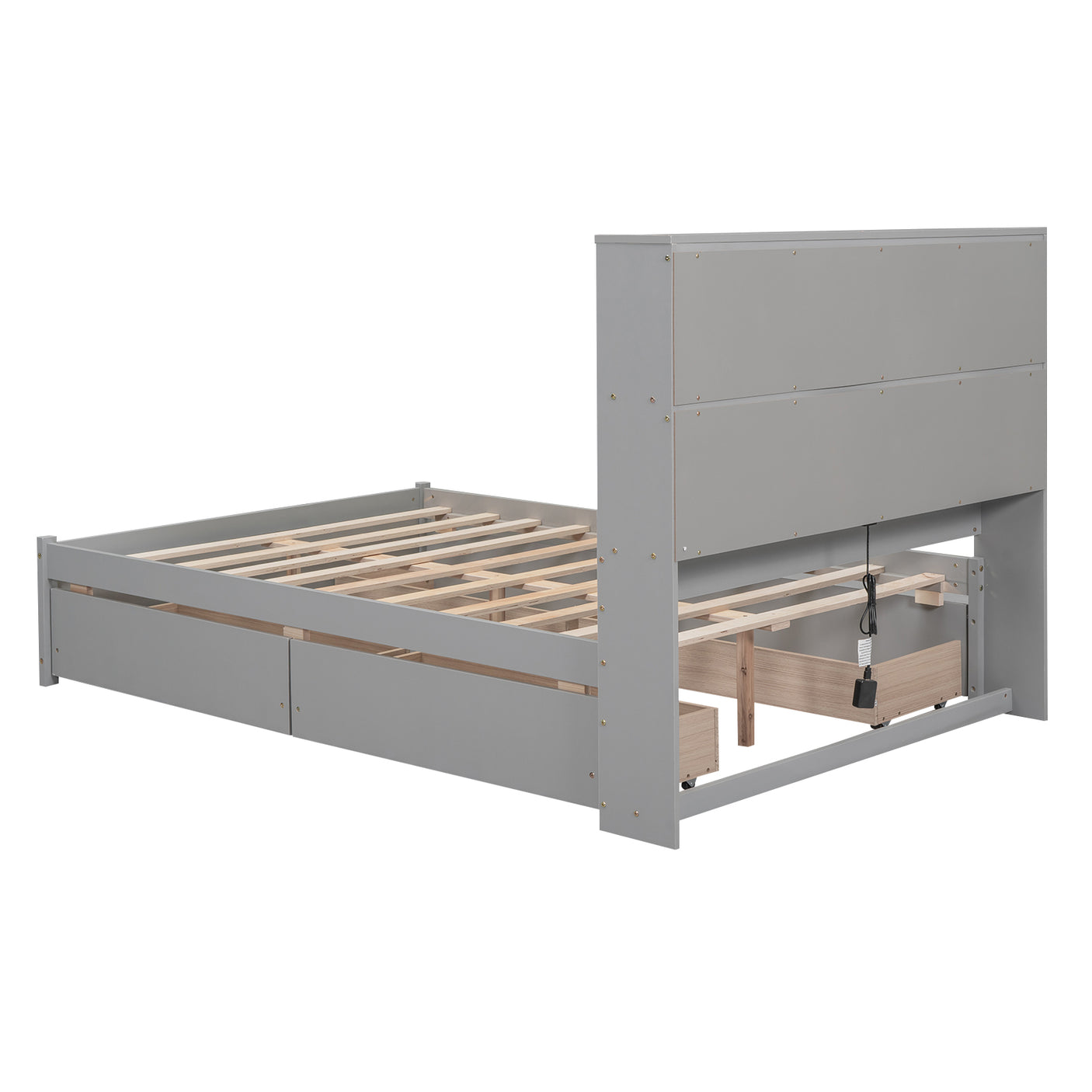 Full Size Platform Bed with Storage Headboard, Charging Station and 4 Drawers, Gray - Julia M LifeStyles