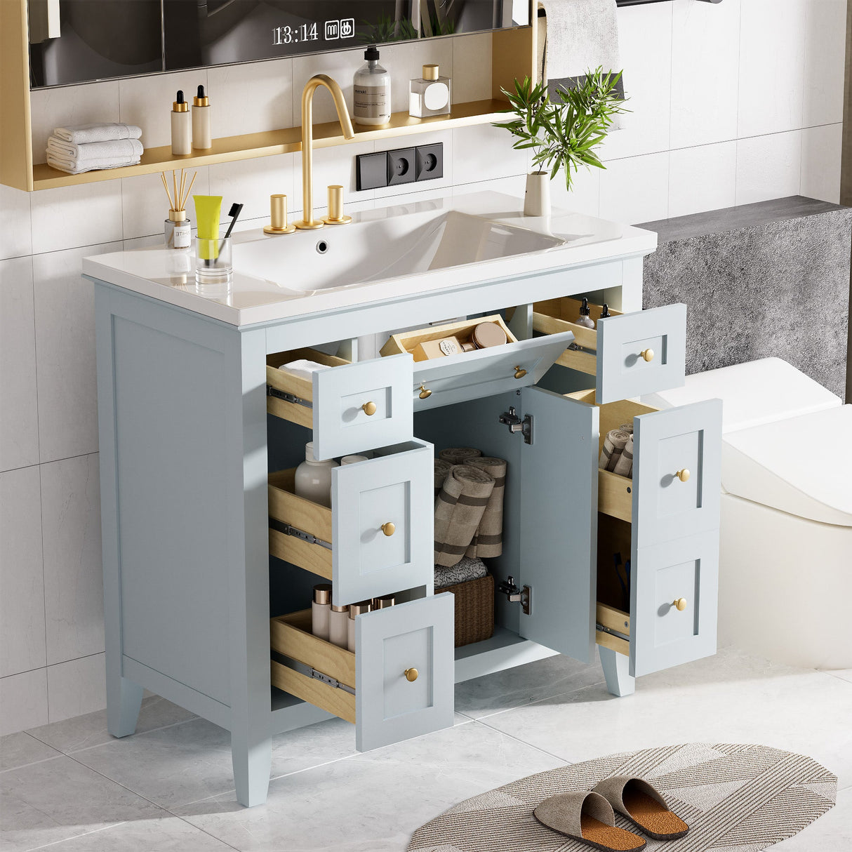 36 inch bathroom vanity with resin sink combination set with 6 drawers and 2 cabinets, storage cabinet vanity set, light blue Julia M Home & Kitchen
