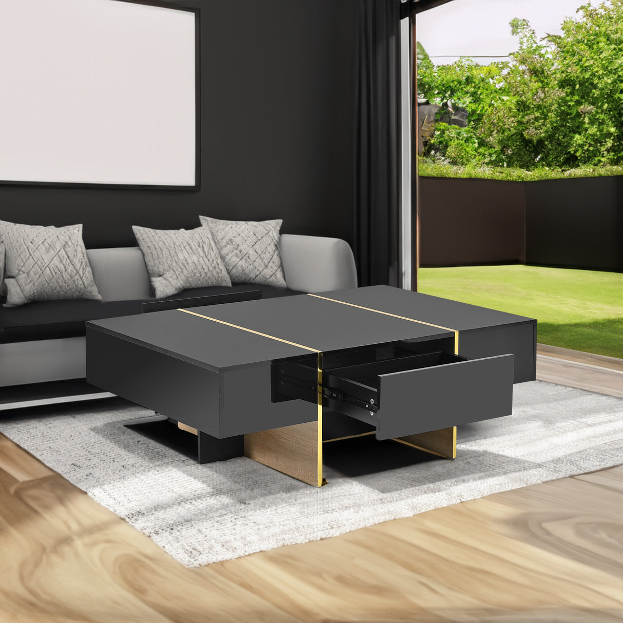 ON-TRANS 47.2 inch x 31.4 inch multifunctional rectangular sofa table with 2 drawers and gold wood grain leg center table, black - Julia M LifeStyles