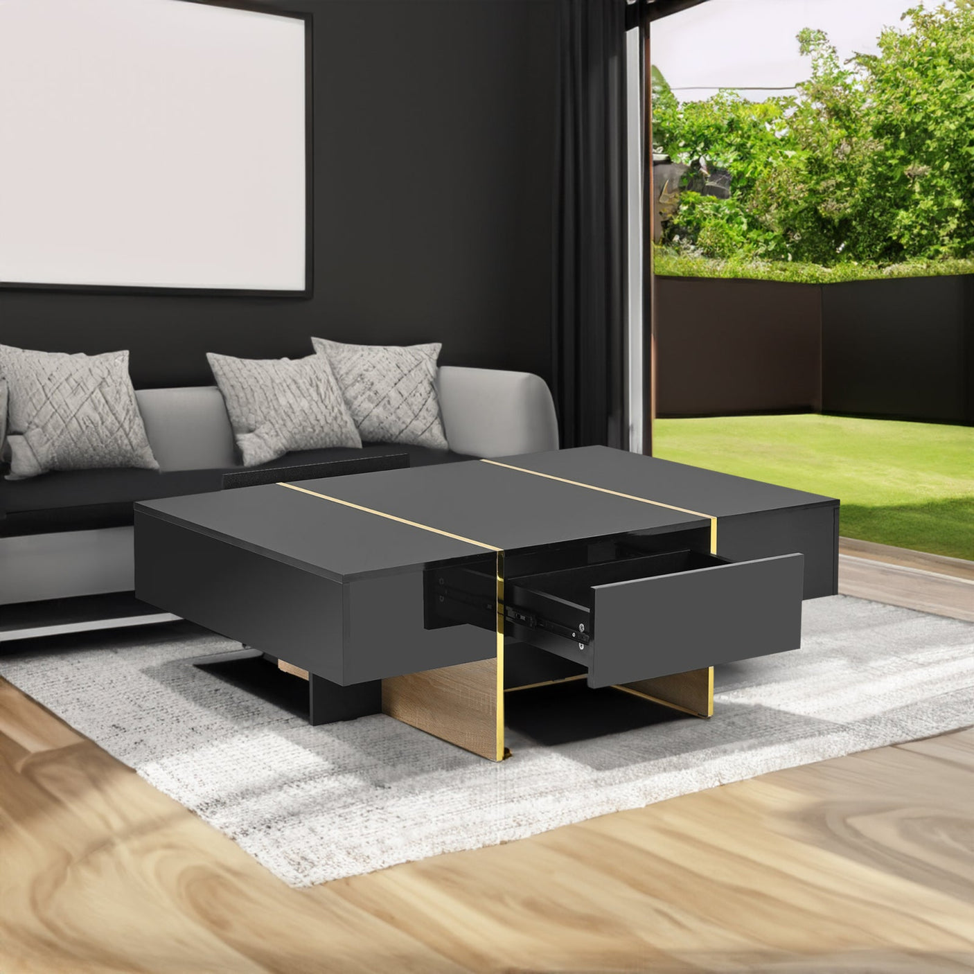ON-TRANS 47.2 inch x 31.4 inch multifunctional rectangular sofa table with 2 drawers and gold wood grain leg center table, black - Julia M LifeStyles