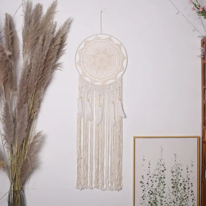 Nordic Creative Hook Flower Dream Catching Net Feather Wind Chime Pendant Home Decor Entrance Decoration Wedding Background eprolo