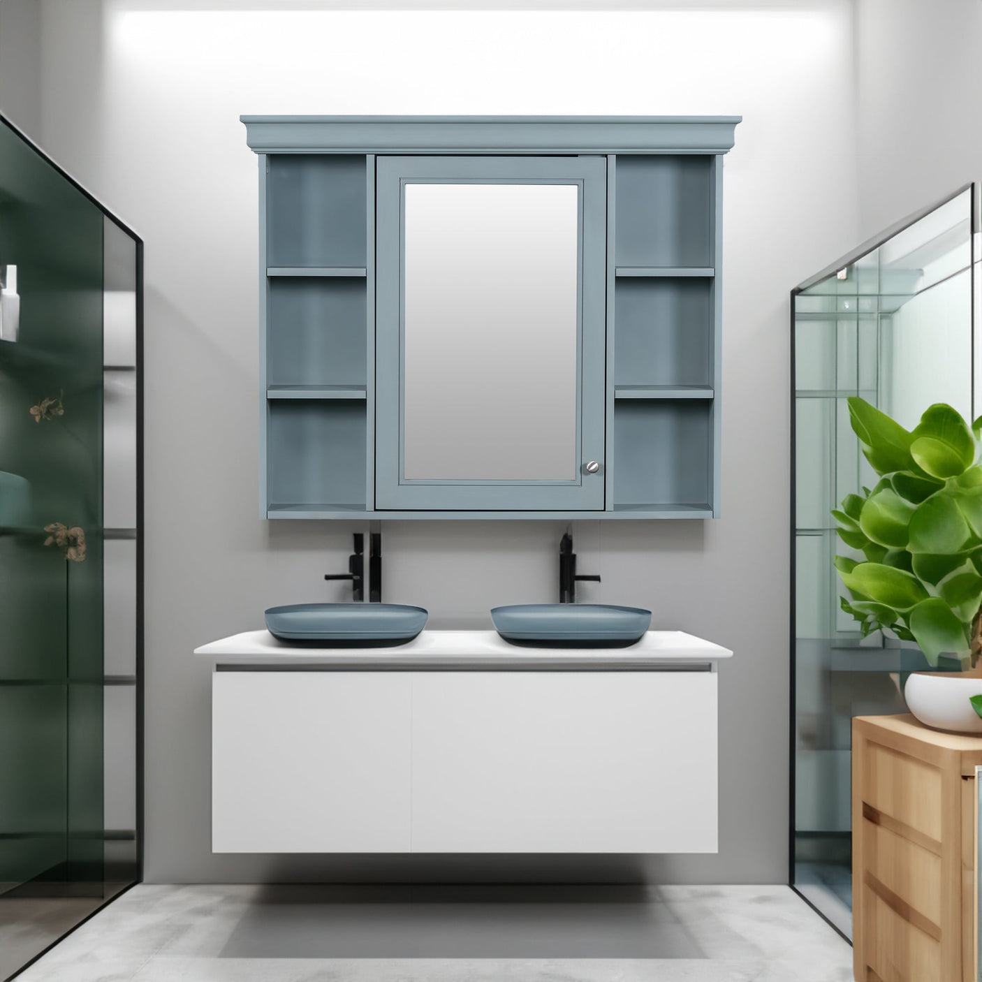 35 ''x 28' 'blue wall mounted bathroom storage cabinet with mirror door and medication cabinet with 6 open shelves Julia M Home & Kitchen