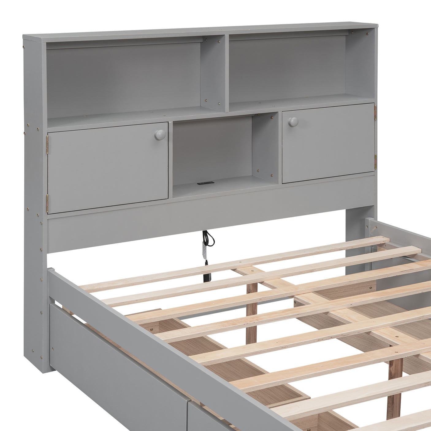 Full Size Platform Bed with Storage Headboard, Charging Station and 4 Drawers, Gray - Julia M LifeStyles