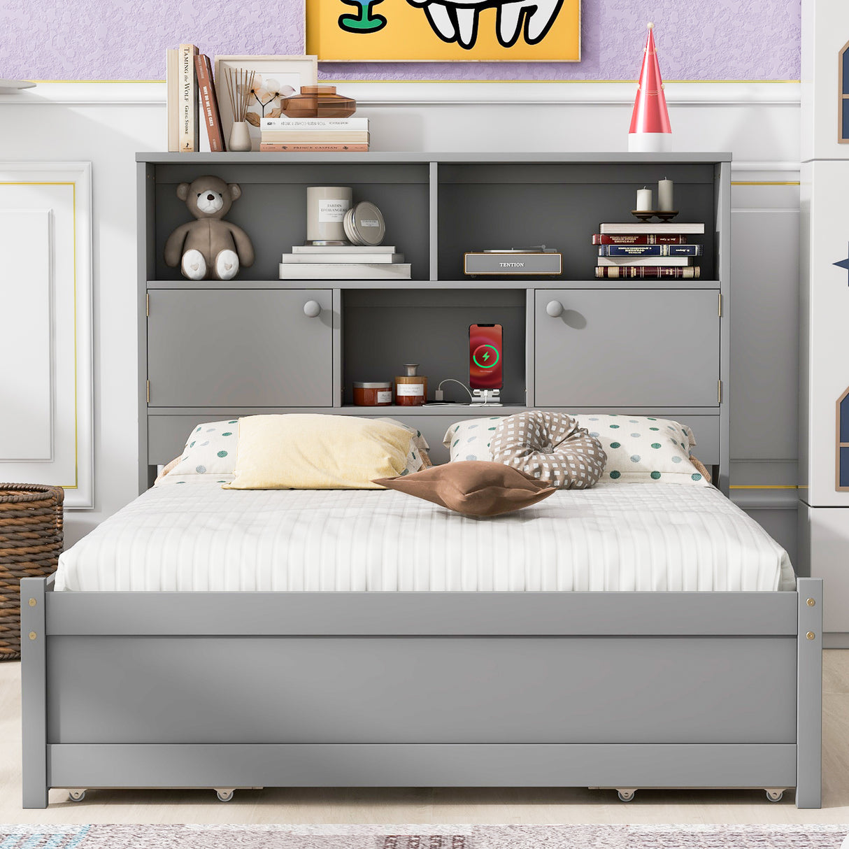 Full Size Platform Bed with Storage Headboard, Charging Station and 4 Drawers, Gray - Julia M LifeStyles