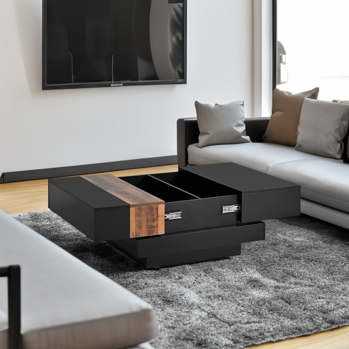 ON-TRANS 31.4 inches x 31.4 inches with sliding tabletop, high gloss center table, hidden storage room black - Julia M LifeStyles