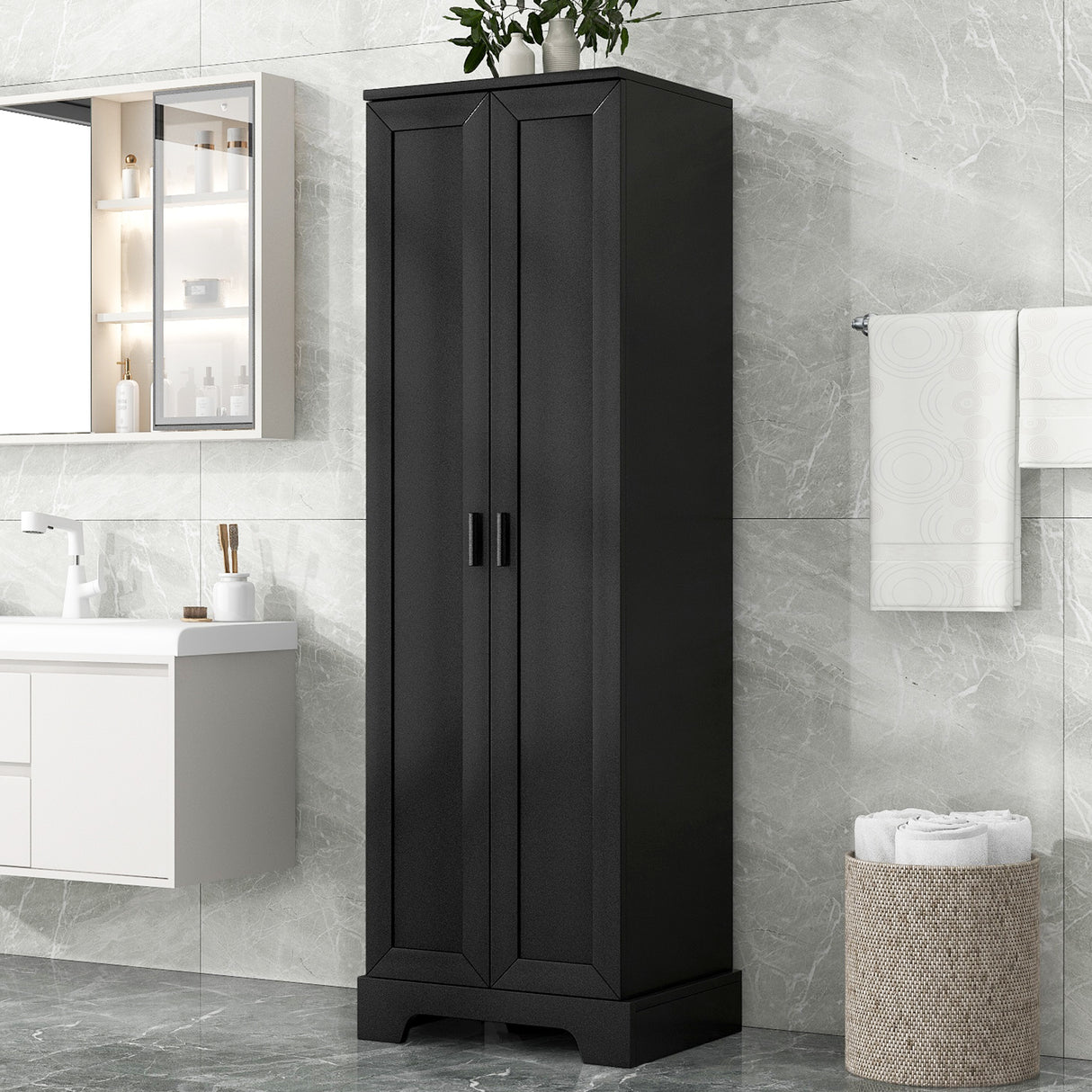 Storage Cabinet with Two Doors for Bathroom, Office, Adjustable Shelf, MDF Board, Black - Julia M LifeStyles