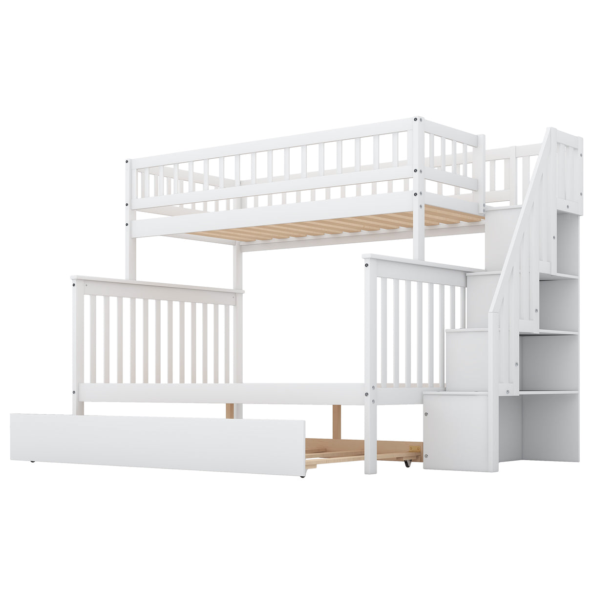 Twin over Full Bunk Bed with Trundle and Staircase White - Julia M LifeStyles