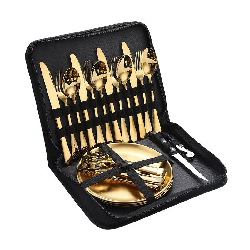 Stainless Steel Tableware Outdoor Camping Western Style Steak Knife Fork Spoon Dinner Plate Set Portable Cloth Bag Set Julia M Home & Kitchen