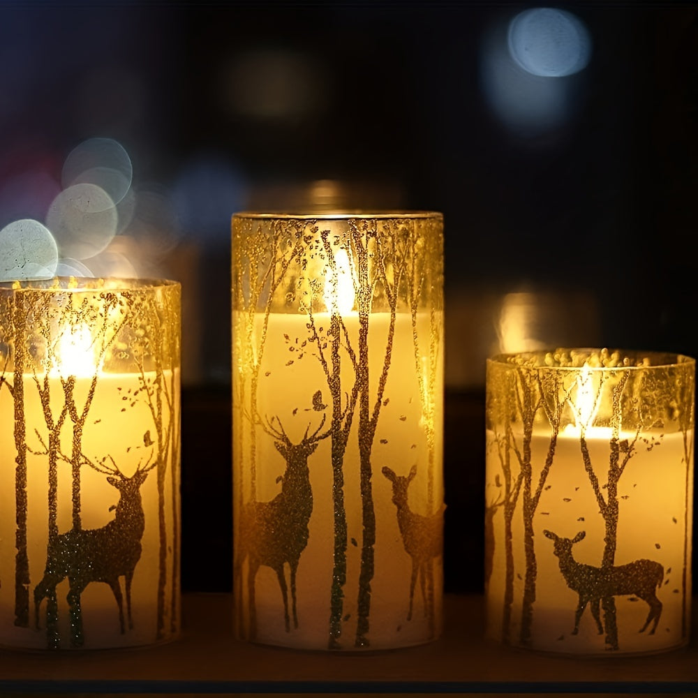 3pcs Real Wax Pillar Candles With Deer Decoration And A Remote Control Timer, Powered By Batteries, With LED Flickering Lights, For Holiday Decoration, Valentine's Day, Confession, Proposal Gift, Parties, Outdoor Camping, Chr Julia M LifeStyles