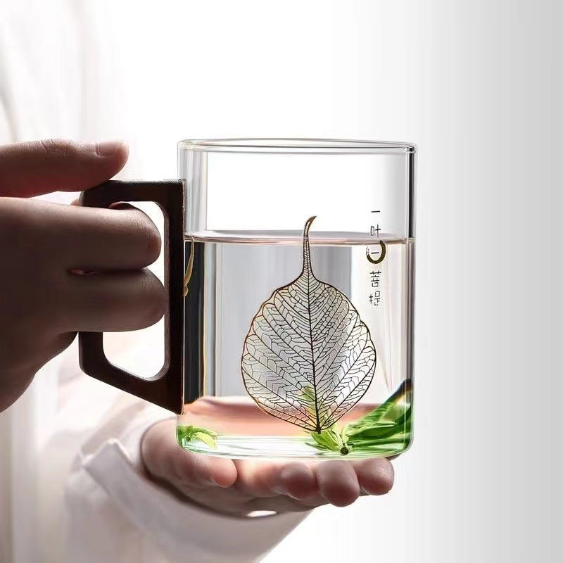 High end green tea cup with walnut handle and lid. High temperature resistant glass office drinking cup Julia M Home & Kitchen