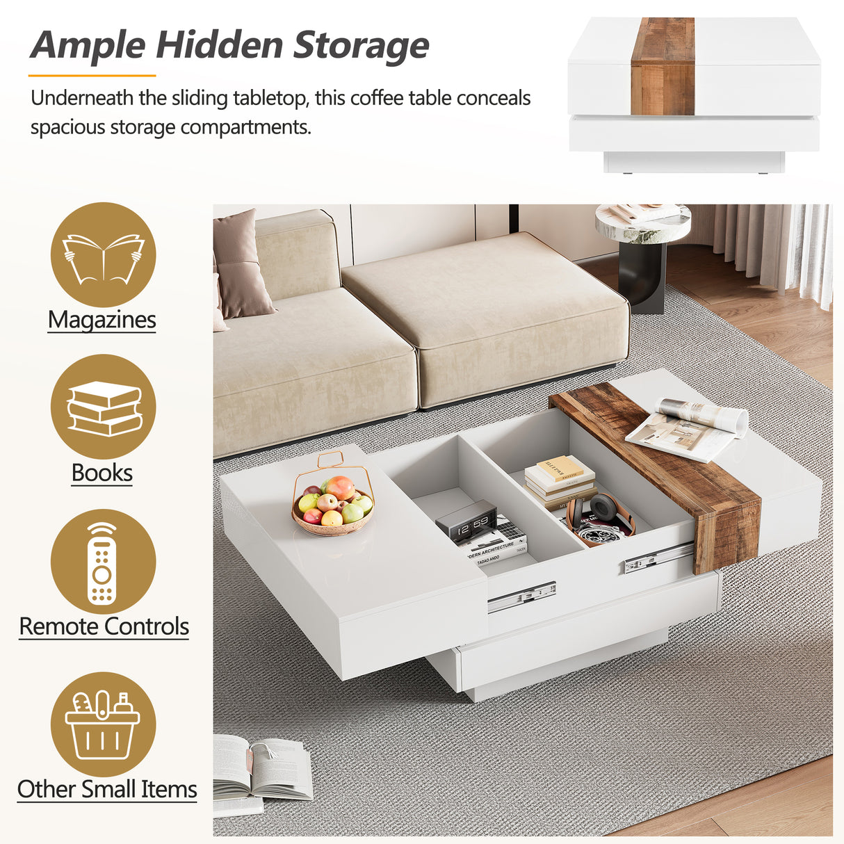 ON-TRANS 31.4 inches x 31.4 inches with sliding tabletop, high gloss center table, hidden storage room white - Julia M LifeStyles
