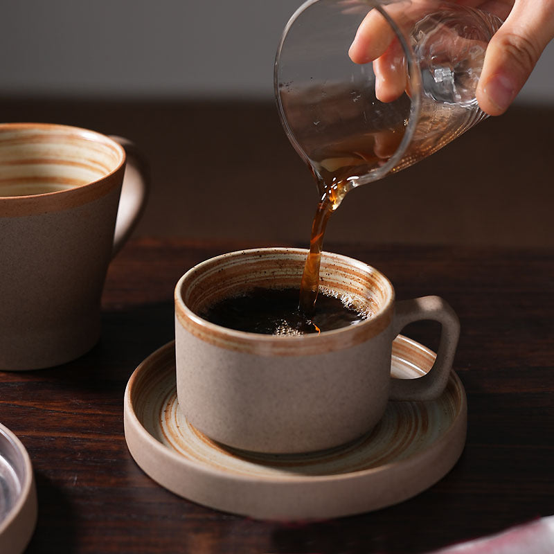 Coarse pottery coffee cup and plate set creative handmade retro coffee cup artistic cup plate milk cup Julia M Home & Kitchen