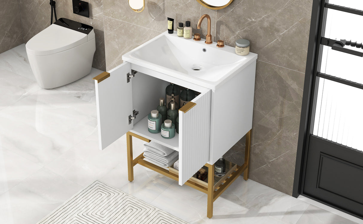 24" Bathroom Vanity with Sink, Bathroom Vanity Cabinet with Two Doors and Gold Metal Frame, Open Storage Shelf, White - Julia M LifeStyles