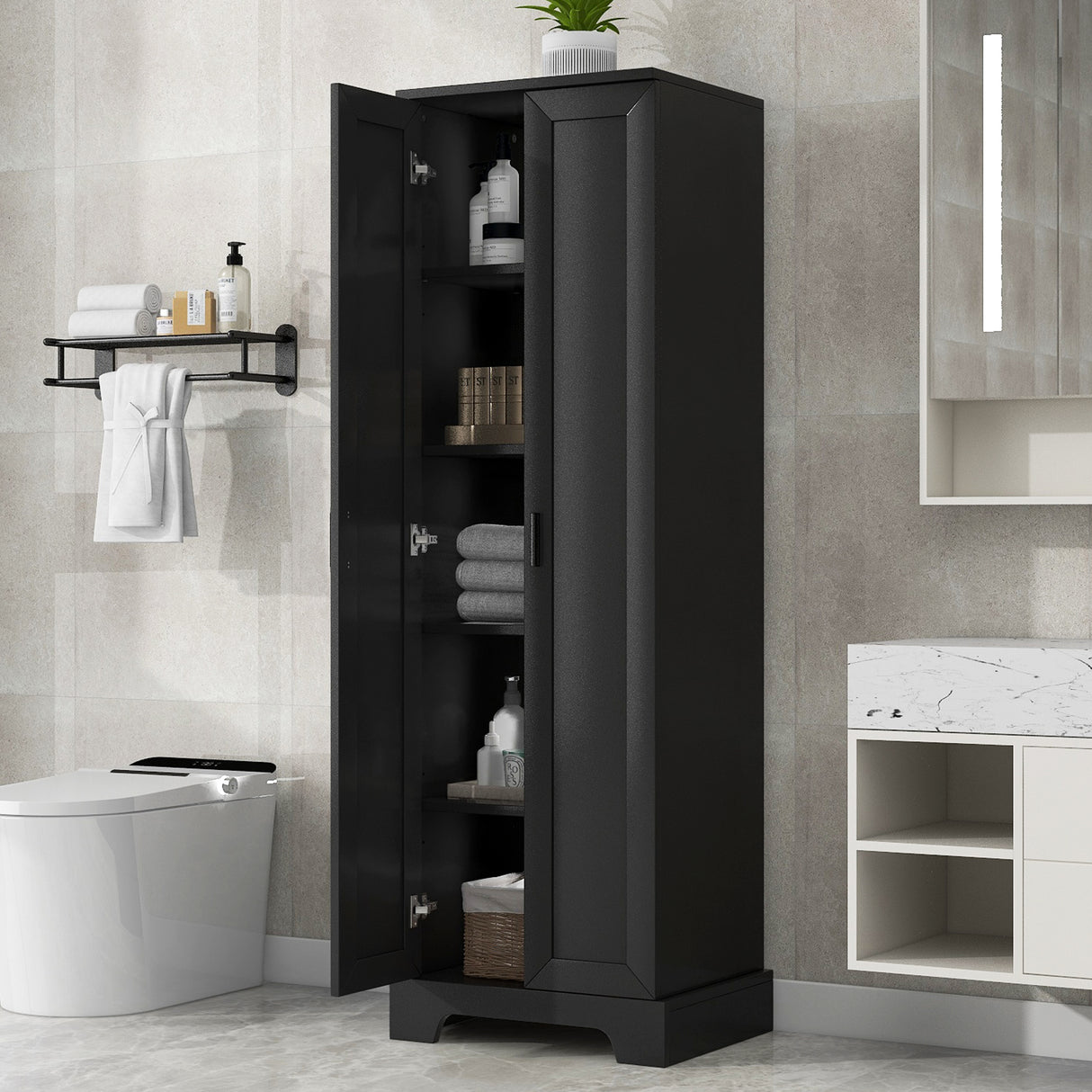 Storage Cabinet with Two Doors for Bathroom, Office, Adjustable Shelf, MDF Board, Black - Julia M LifeStyles