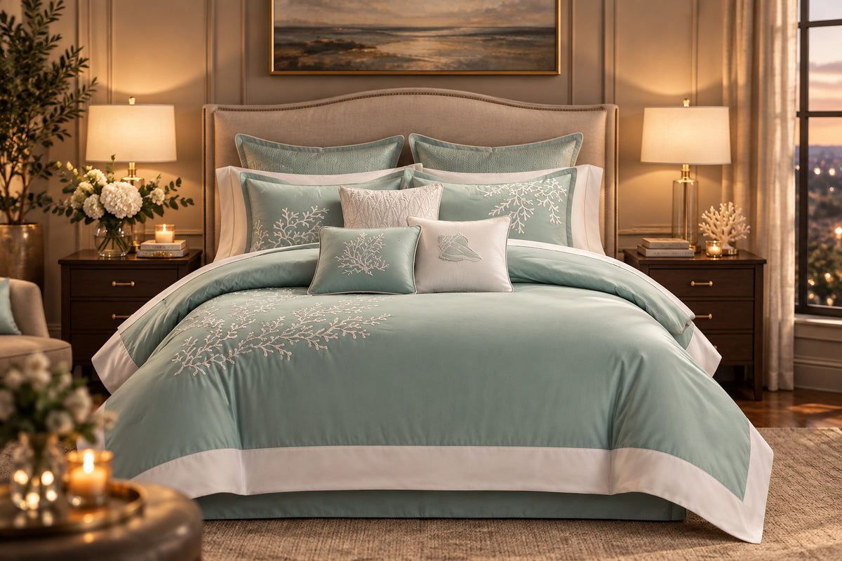 Teal and white bedding set on a bed in a bright bedroom with large windows.