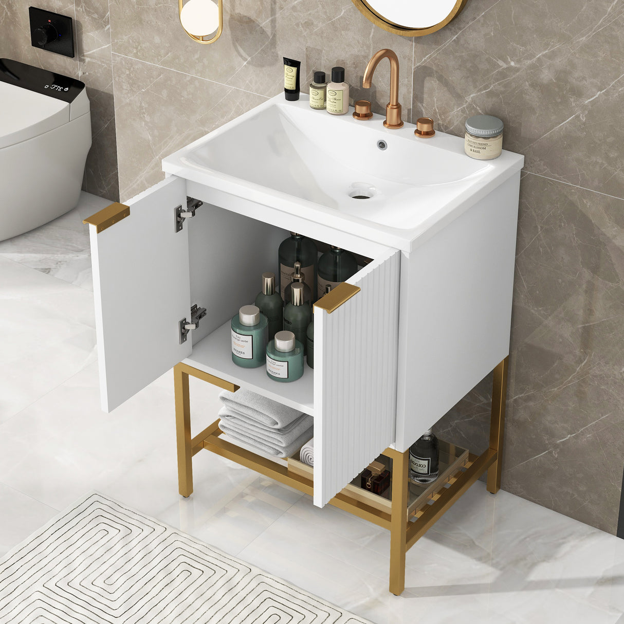 24" Bathroom Vanity with Sink, Bathroom Vanity Cabinet with Two Doors and Gold Metal Frame, Open Storage Shelf, White - Julia M LifeStyles