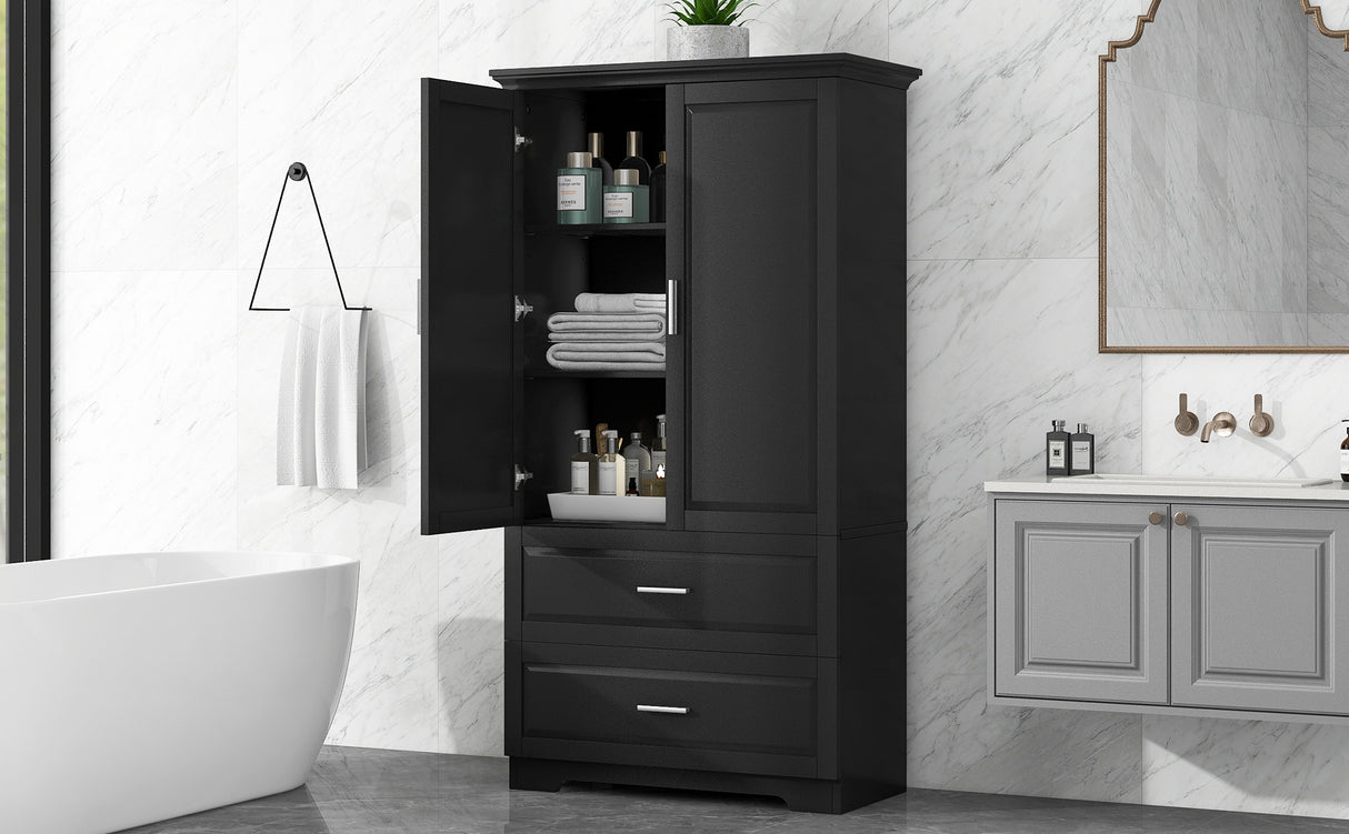 Tall Bathroom Storage Cabinet, Cabinet with Two Doors and Drawers, Adjustable Shelf, MDF Board, Black - Julia M LifeStyles
