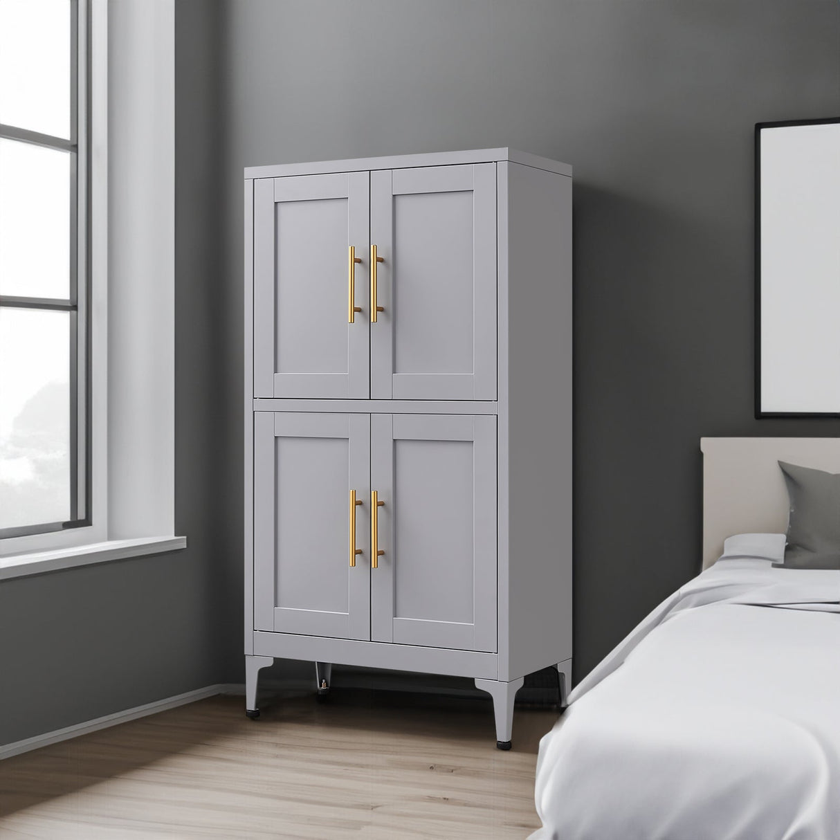 Grey metal kitchen storage cabinet, kitchen pantry storage cabinet with door and shelf, adjustable leveling feet eprolo