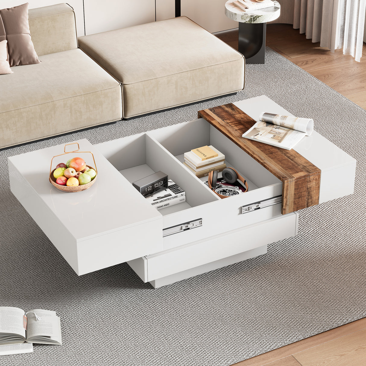 ON-TRANS 31.4 inches x 31.4 inches with sliding tabletop, high gloss center table, hidden storage room white - Julia M LifeStyles