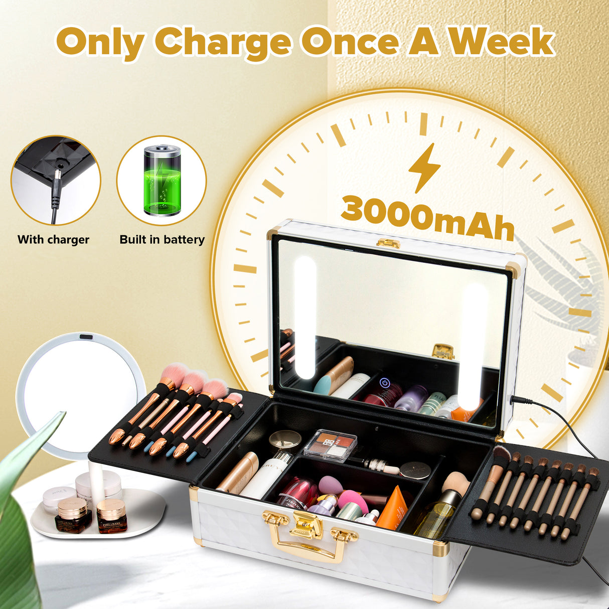 Portable makeup case, travel makeup bag with LED mirror, locked makeup storage box, brush holder, divider, rechargeable, white - Julia M LifeStyles