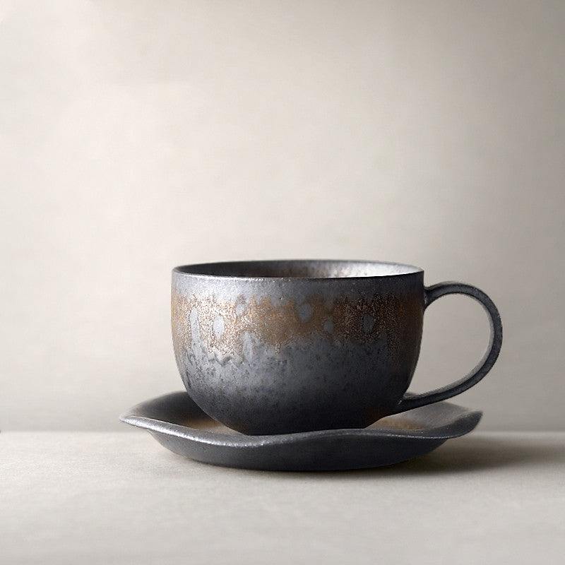 Vintage stoneware coffee cup made of pottery with rustic design