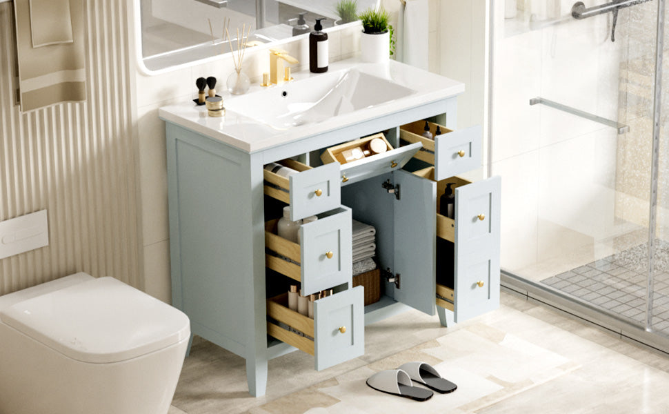 36 inch bathroom vanity with resin sink combination set with 6 drawers and 2 cabinets, storage cabinet vanity set, light blue Julia M Home & Kitchen
