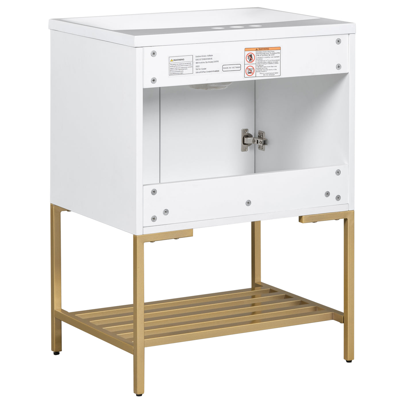 24" Bathroom Vanity with Sink, Bathroom Vanity Cabinet with Two Doors and Gold Metal Frame, Open Storage Shelf, White - Julia M LifeStyles