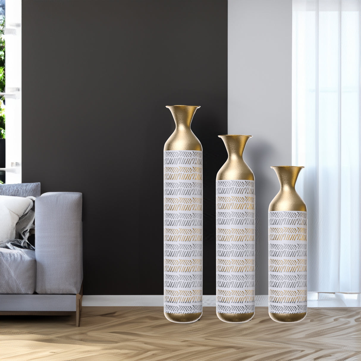 High floor vases -24/28.7/33.5-inch vases, 3 large metal glazed vases, Pampas Prairie Twigs vintage gray - Julia M LifeStyles