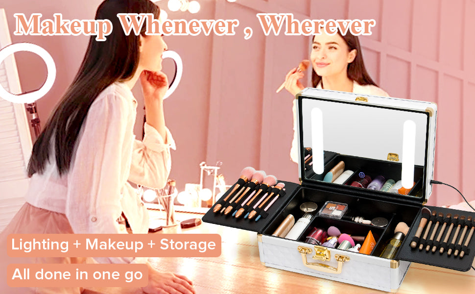 Portable makeup case, travel makeup bag with LED mirror, locked makeup storage box, brush holder, divider, rechargeable, white - Julia M LifeStyles